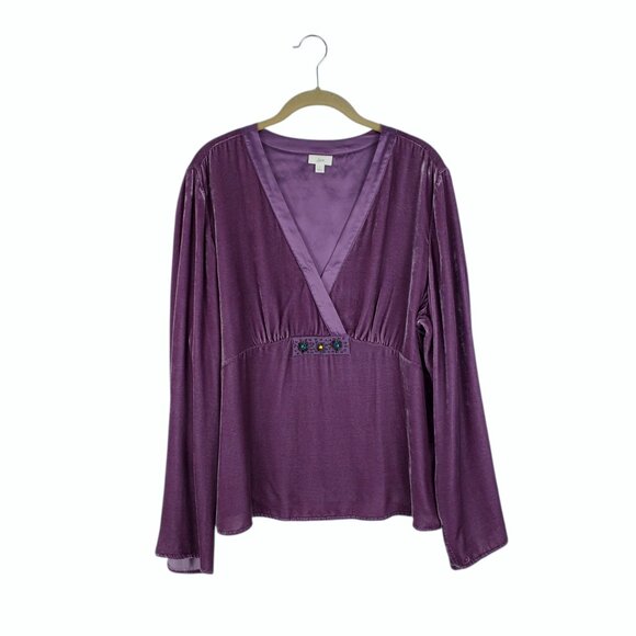 J Jill Purple Velvet Surplice Empire Top L Romantic Renaissance Vintage Blouse - Picture 1 of 11